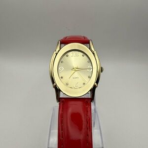 Women's Avon BWC Red Strap Oval Watch Gold w/ Crystals Between Numbers Beautiful